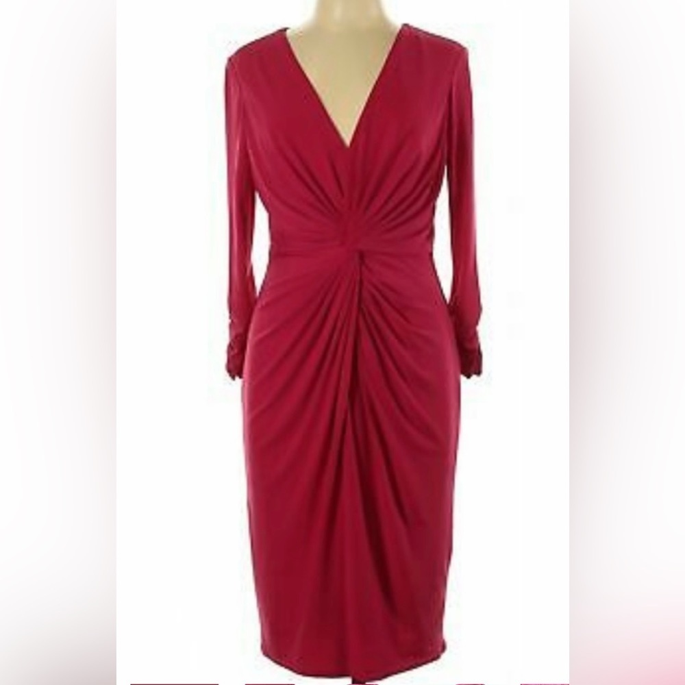TADASHI NWT Strawberry Pink V-Neck Twist Ruched SLV Stretch Knit Party Dress L